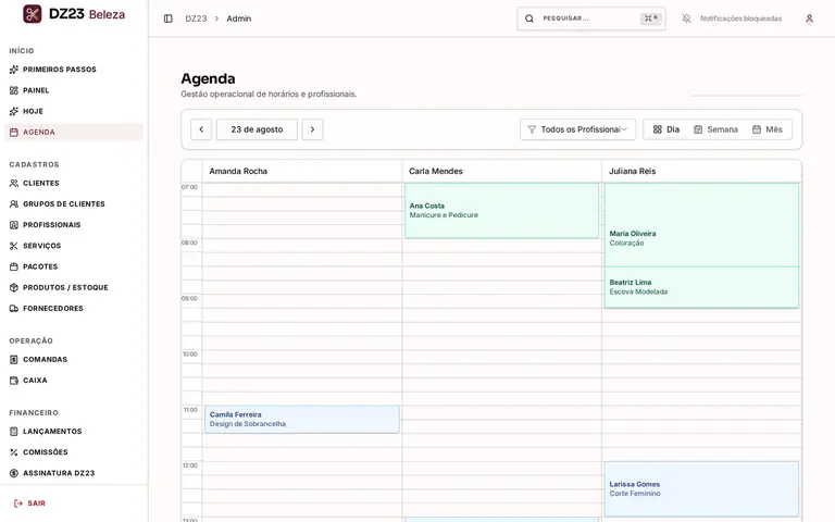 Painel do DZ23 Beleza: agenda do dia com vários profissionais e atendimentos